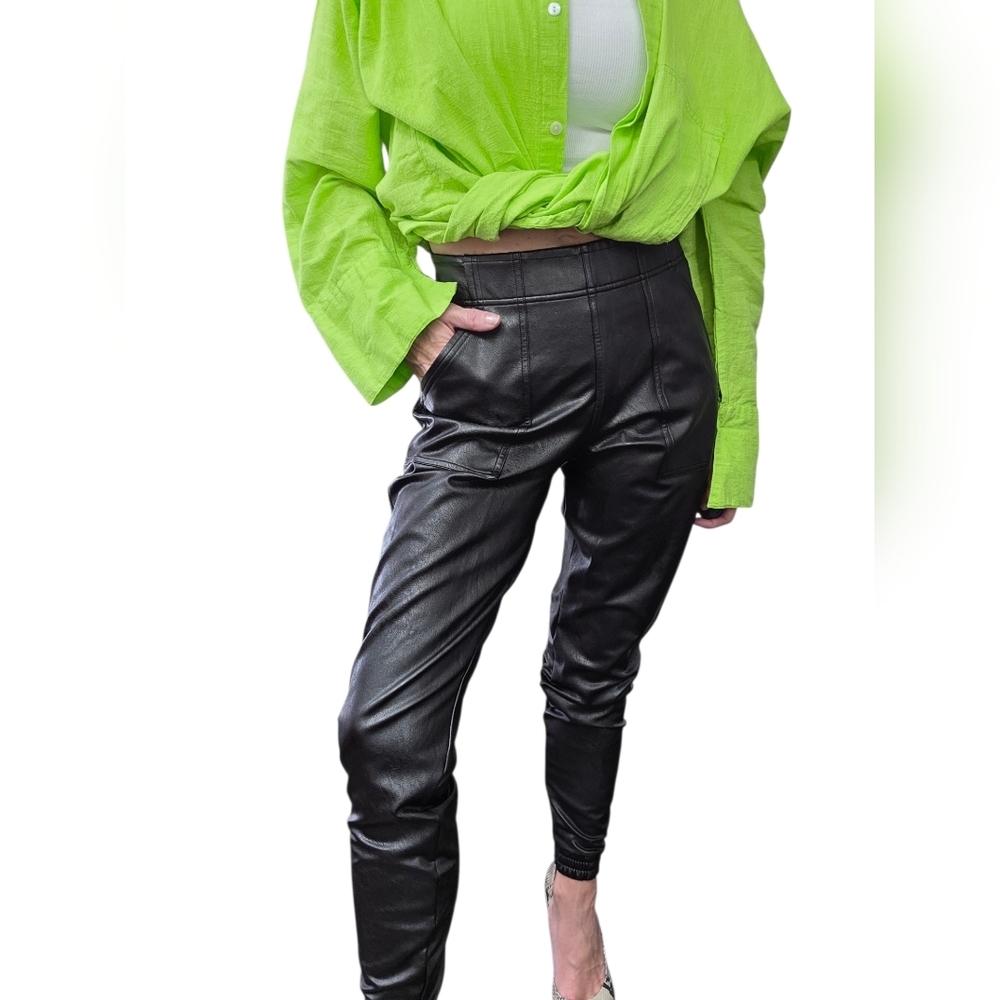 SPANX Faux Leather Jogger Pants Black Pull On Tapered Pockets S